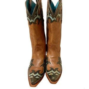 Tony Lama Brown Leather Cowboy Boots w/ Black & Green Cutout Detail Sz. 8B